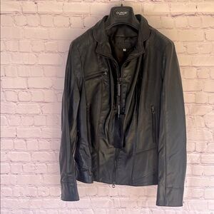 Italian Black Leather Zip Up Jacket Made by CURGÈ Woman size Large or‎ EU 54 NWT